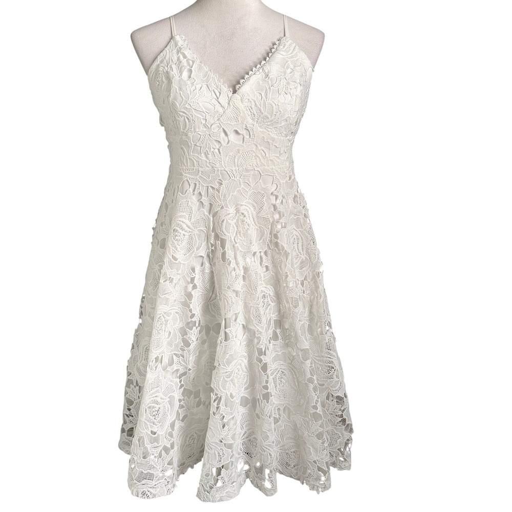 Lulus Lovely Floral Lace Crochet Midi Dress Fit Flare Bridal Resort M Pockets
